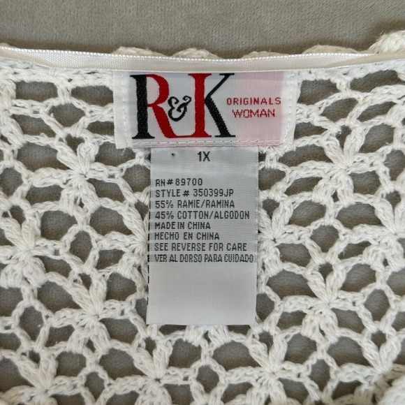Vintage R&K Women 1X White Crochet Shrug Open Front Scalloped Bohemian Boho Chic - Picture 2 of 8